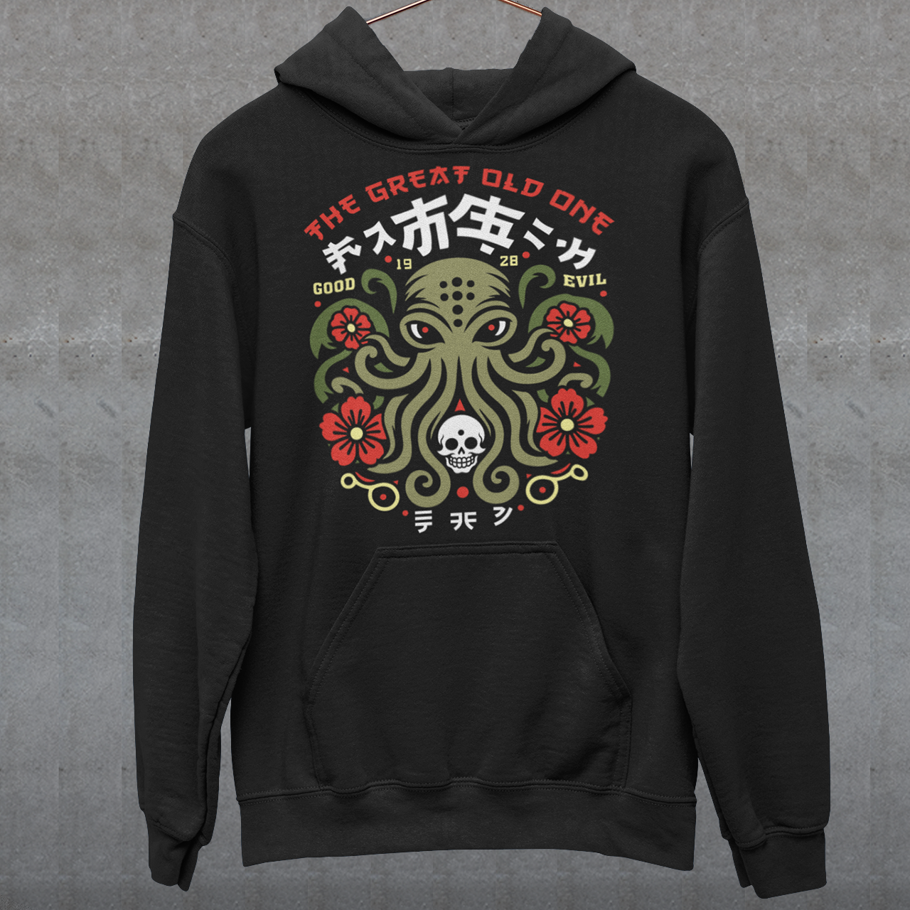 Summon the style of the deep with this striking Japanese Cthulhu hoodie. The design fuses H.P. Lovecraft’s legendary cosmic horror with bold Japanese ukiyo-e influences. This shirt is perfect for fans of Japanese art, Lovecraftian lore, and anyone who likes their fashion a little… unspeakable.