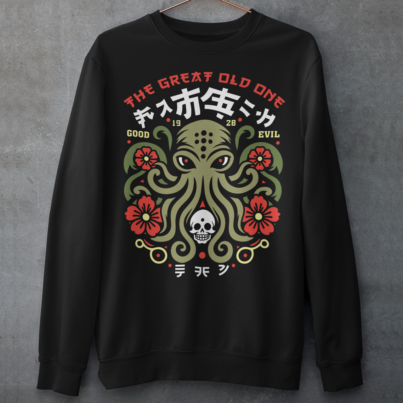 Summon the style of the deep with this striking Japanese Cthulhu sweatshirt. The design fuses H.P. Lovecraft’s legendary cosmic horror with bold Japanese ukiyo-e influences. This shirt is perfect for fans of Japanese art, Lovecraftian lore, and anyone who likes their fashion a little… unspeakable.