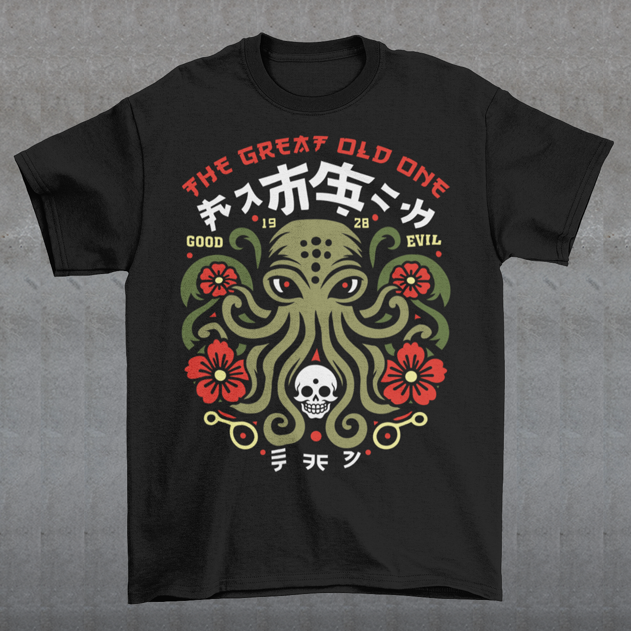 Summon the style of the deep with this striking Japanese Cthulhu tee. The design fuses H.P. Lovecraft’s legendary cosmic horror with bold Japanese ukiyo-e influences. This shirt is perfect for fans of Japanese art, Lovecraftian lore, and anyone who likes their fashion a little… unspeakable.