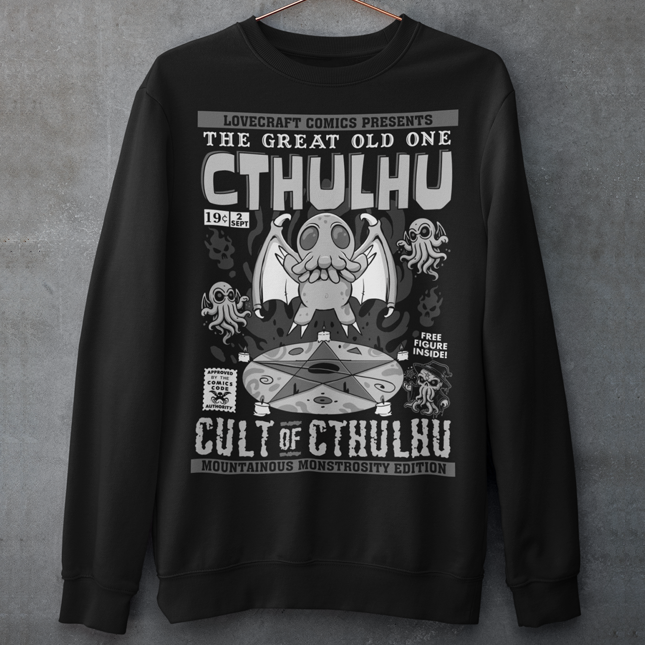 Black Sweatshirt of a comic book design of Cthulhu in a cult.