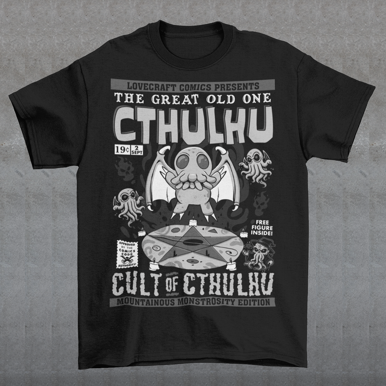 Unleash the madness with this striking comic-book-style Cthulhu Cult t-shirt! Featuring an epic illustration of Cthulhu in all its cosmic glory, the design showcases the Great Old One towering over a dark, mysterious cult. The bold comic-style shading and vibrant colors bring an electrifying energy to this Lovecraftian masterpiece, blending horror and humor in perfect balance. Perfect fans of cosmic horror, graphic novels, or anyone who enjoys summoning style straight from the depths of R’lyeh.