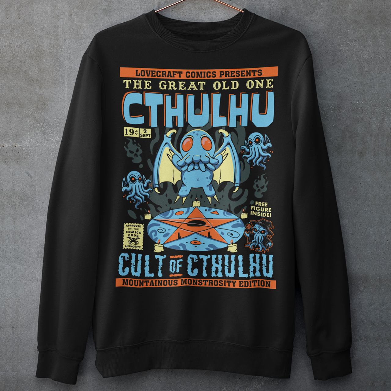 Black Sweatshirt of a comic book design of Cthulhu in a cult.