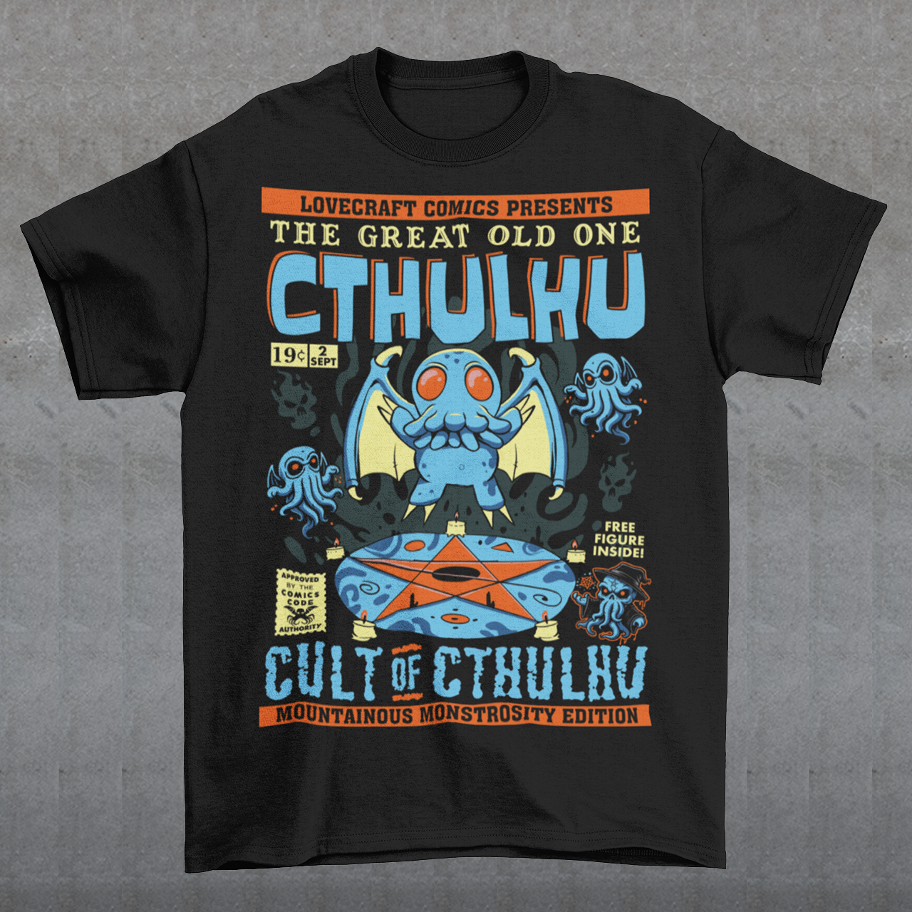 Unleash the madness with this striking comic-book-style Cthulhu Cult t-shirt! Featuring an epic illustration of Cthulhu in all its cosmic glory, the design showcases the Great Old One towering over a dark, mysterious cult. The bold comic-style shading and vibrant colors bring an electrifying energy to this Lovecraftian masterpiece, blending horror and humor in perfect balance. Perfect for fans of cosmic horror, graphic novels, or anyone who enjoys summoning style straight from the depths of R’lyeh. Wear it