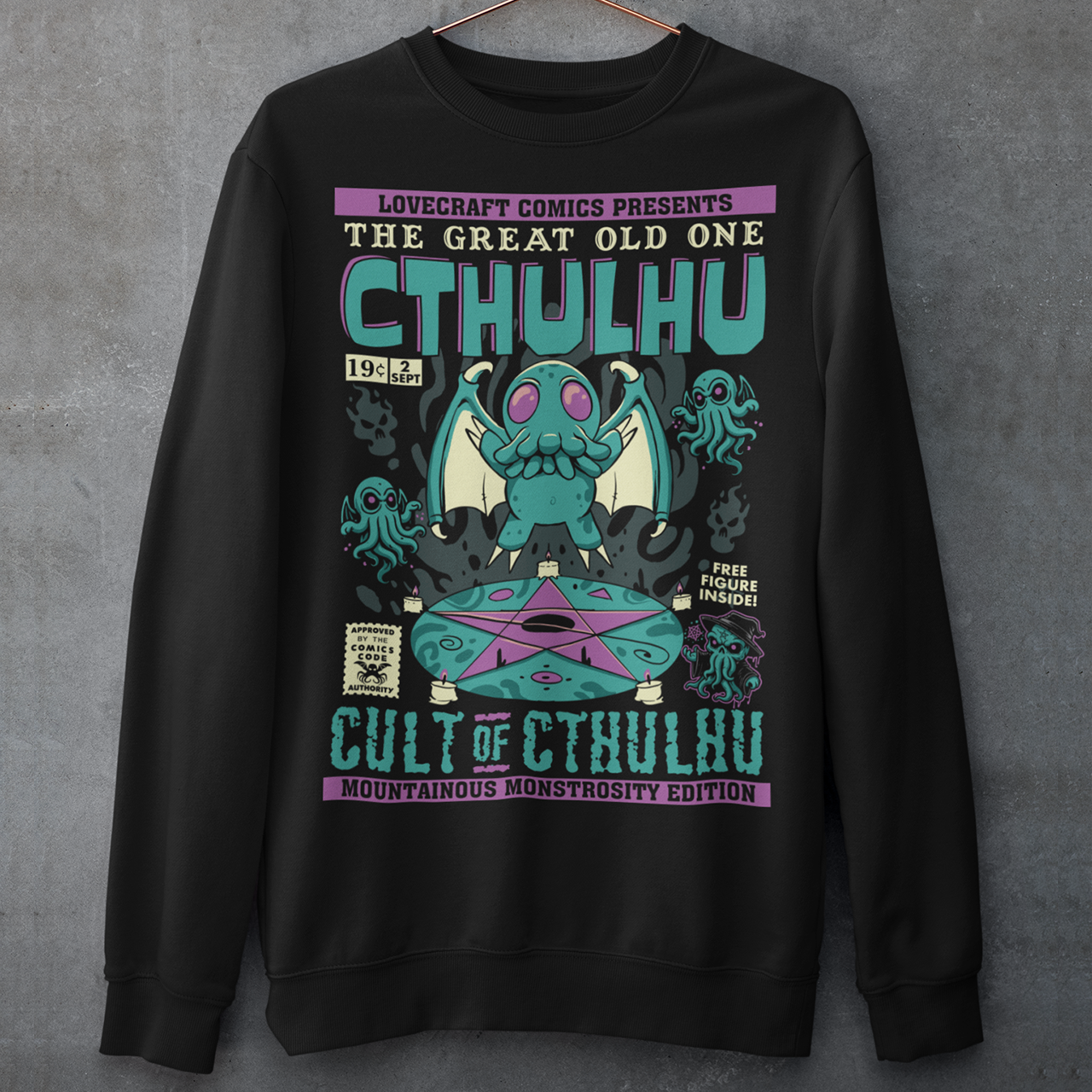 Black sweatshirt of a comic book design of Cthulhu in a cult.