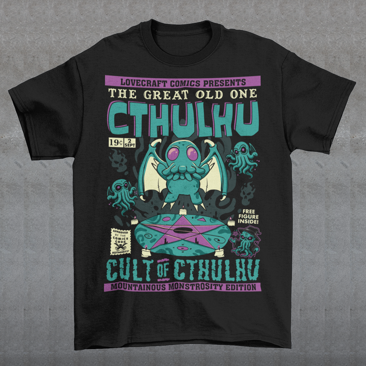 Unleash the madness with this striking comic-book-style Cthulhu Cult t-shirt! Featuring an epic illustration of Cthulhu in all its cosmic glory, the design showcases the Great Old One towering over a dark, mysterious cult. The bold comic-style shading and vibrant colors bring an electrifying energy to this Lovecraftian masterpiece, blending horror and humor in perfect balance. Perfect fans of cosmic horror, graphic novels, or anyone who enjoys summoning style straight from the depths of R’lyeh.