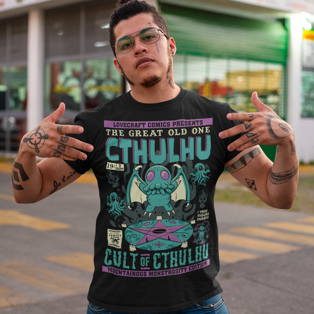 Unleash the madness with this striking comic-book-style Cthulhu Cult t-shirt! Featuring an epic illustration of Cthulhu in all its cosmic glory, the design showcases the Great Old One towering over a dark, mysterious cult. The bold comic-style shading and vibrant colors bring an electrifying energy to this Lovecraftian masterpiece, blending horror and humor in perfect balance. Perfect fans of cosmic horror, graphic novels, or anyone who enjoys summoning style straight from the depths of R’lyeh.