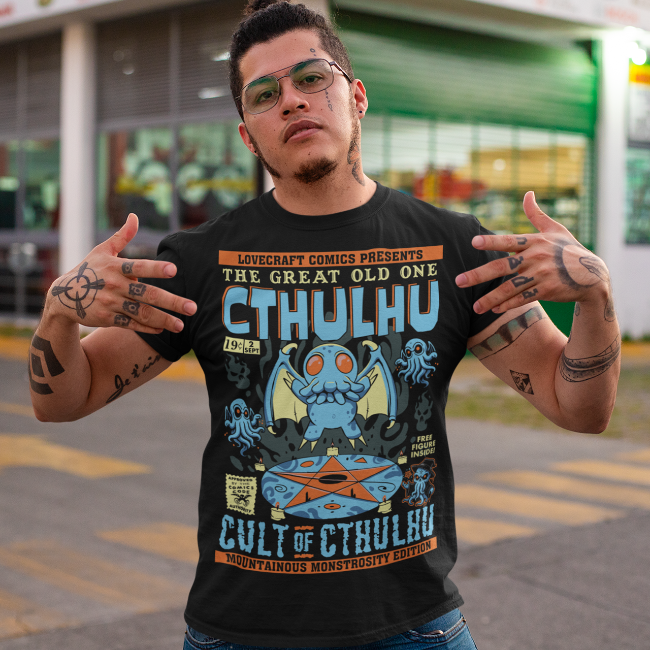 Unleash the madness with this striking comic-book-style Cthulhu Cult t-shirt! Featuring an epic illustration of Cthulhu in all its cosmic glory, the design showcases the Great Old One towering over a dark, mysterious cult. The bold comic-style shading and vibrant colors bring an electrifying energy to this Lovecraftian masterpiece, blending horror and humor in perfect balance. Perfect for fans of cosmic horror, graphic novels, or anyone who enjoys summoning style straight from the depths of R’lyeh. Wear it