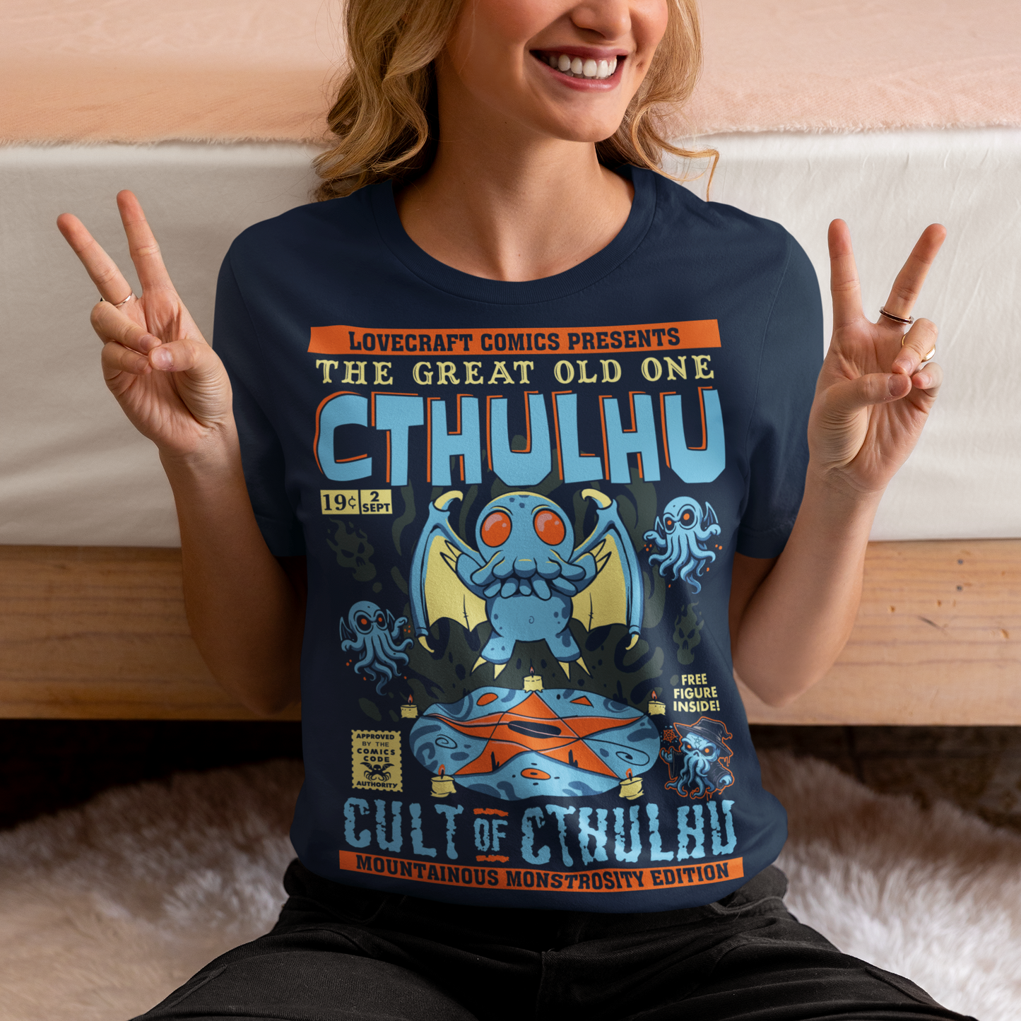 Unleash the madness with this striking comic-book-style Cthulhu Cult t-shirt! Featuring an epic illustration of Cthulhu in all its cosmic glory, the design showcases the Great Old One towering over a dark, mysterious cult. The bold comic-style shading and vibrant colors bring an electrifying energy to this Lovecraftian masterpiece, blending horror and humor in perfect balance. Perfect for fans of cosmic horror, graphic novels, or anyone who enjoys summoning style straight from the depths of R’lyeh. Wear it