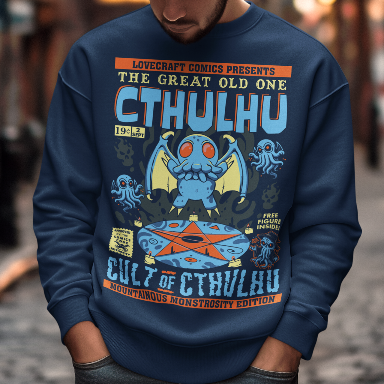 Navy Sweatshirt of a comic book design of Cthulhu in a cult.