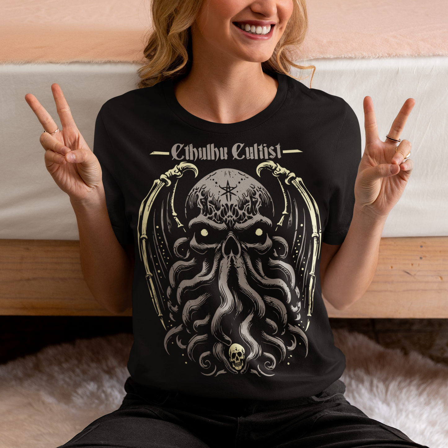 Unleash your dark allegiance with this bold graphic tee featuring a haunting skull-faced Cthulhu design. Tentacles twist and coil beneath a menacing skeletal visage, merging death and madness in one unforgettable image. Above the ancient cosmic horror, the words “Cthulhu Cultist” loom in eldritch-style lettering, marking you as a devoted follower of the Great Old One. Perfect for fans of Lovecraftian horror, dark fantasy, or anyone drawn to the mysterious depths of the unknown.