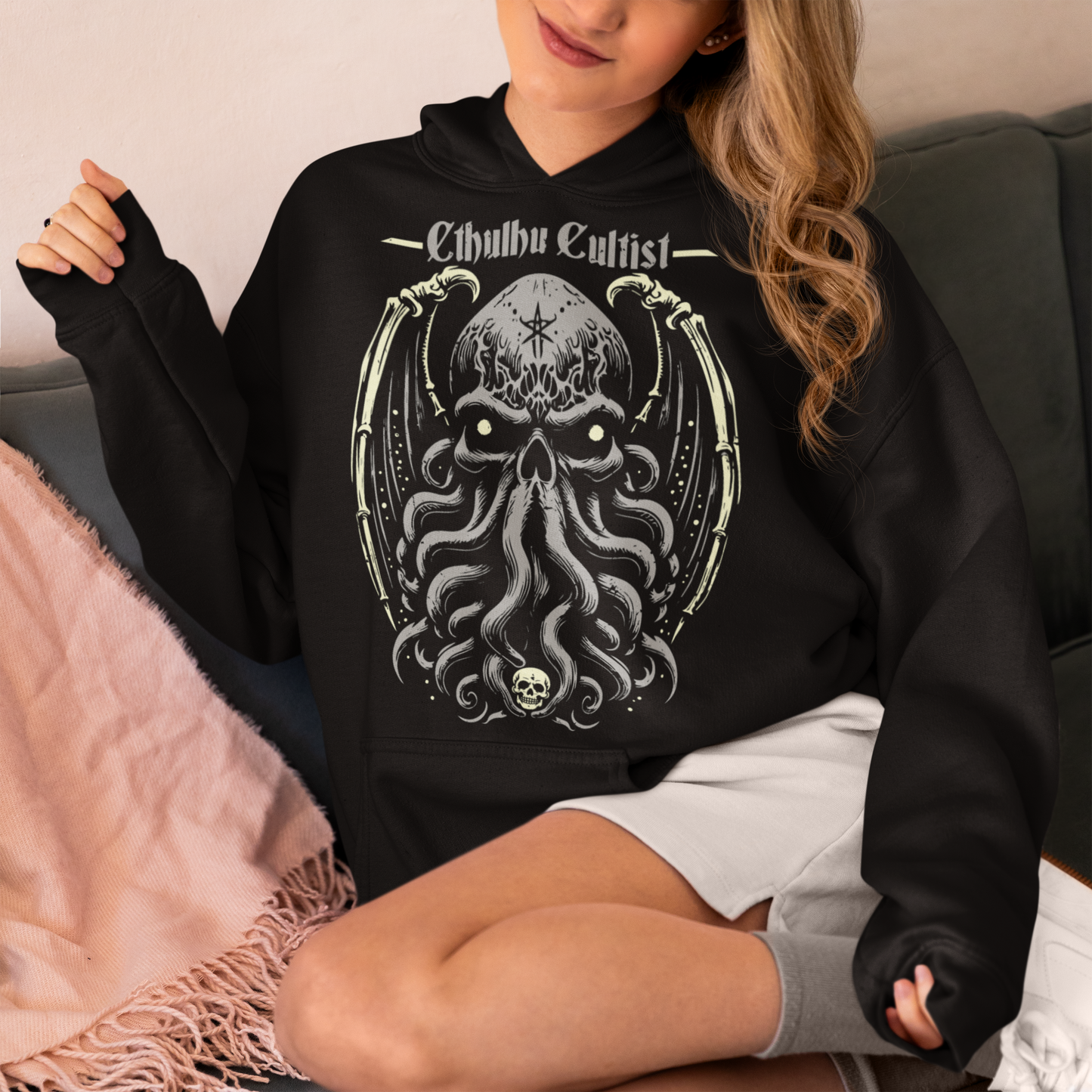 Unleash your dark allegiance with this bold graphic tee featuring a haunting skull-faced Cthulhu design. Tentacles twist and coil beneath a menacing skeletal visage, merging death and madness in one unforgettable image. Above the ancient cosmic horror, the words “Cthulhu Cultist” loom in eldritch-style lettering, marking you as a devoted follower of the Great Old One. Perfect for fans of Lovecraftian horror, dark fantasy, or anyone drawn to the mysterious depths of the unknown.
