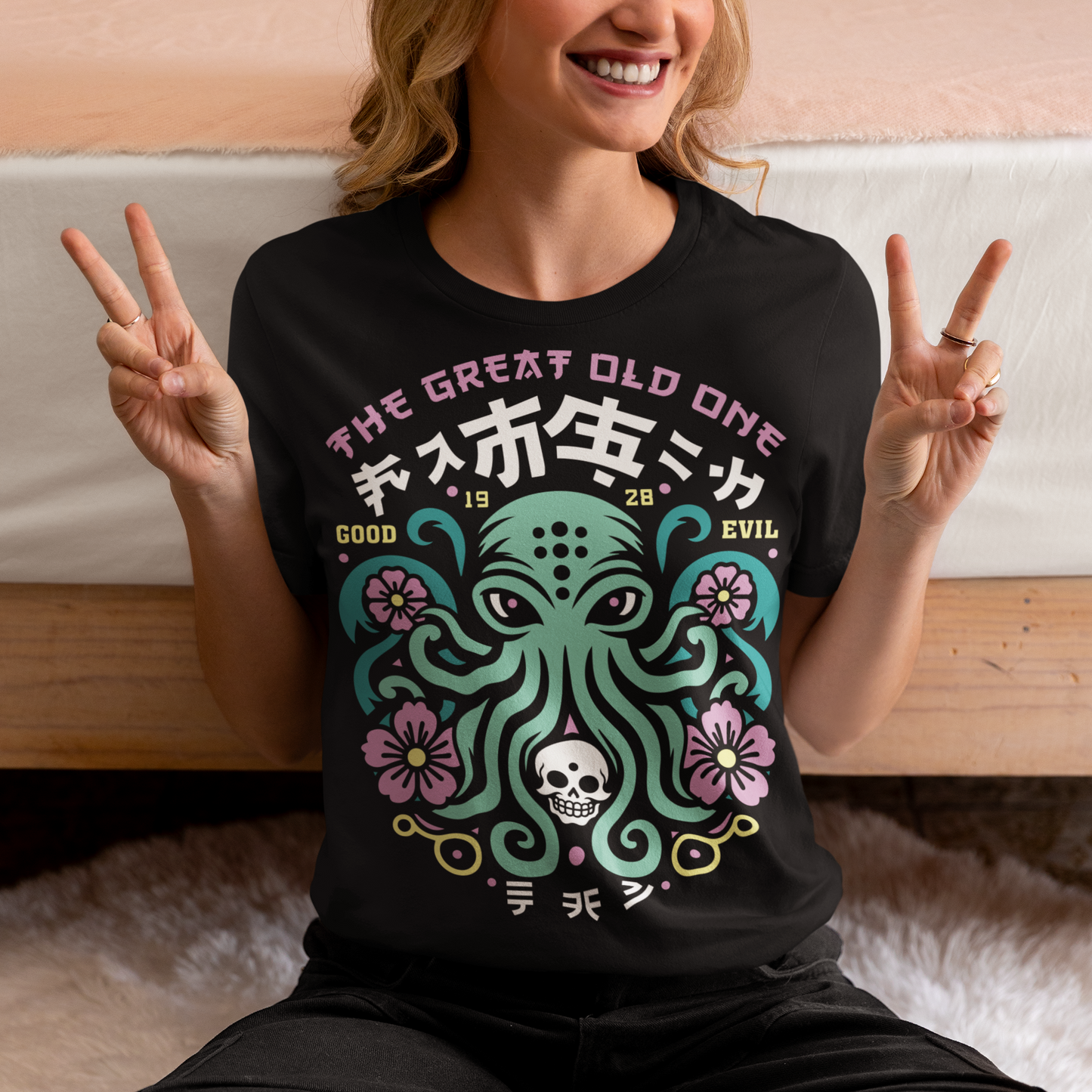 Summon the style of the deep with this striking Japanese Cthulhu tee. The design fuses H.P. Lovecraft’s legendary cosmic horror with bold Japanese ukiyo-e influences. This shirt is perfect for fans of Japanese art, Lovecraftian lore, and anyone who likes their fashion a little… unspeakable.