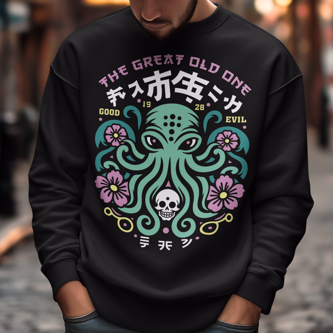 Summon the style of the deep with this striking Japanese Cthulhu sweatshirt. The design fuses H.P. Lovecraft’s legendary cosmic horror with bold Japanese ukiyo-e influences. This shirt is perfect for fans of Japanese art, Lovecraftian lore, and anyone who likes their fashion a little… unspeakable.