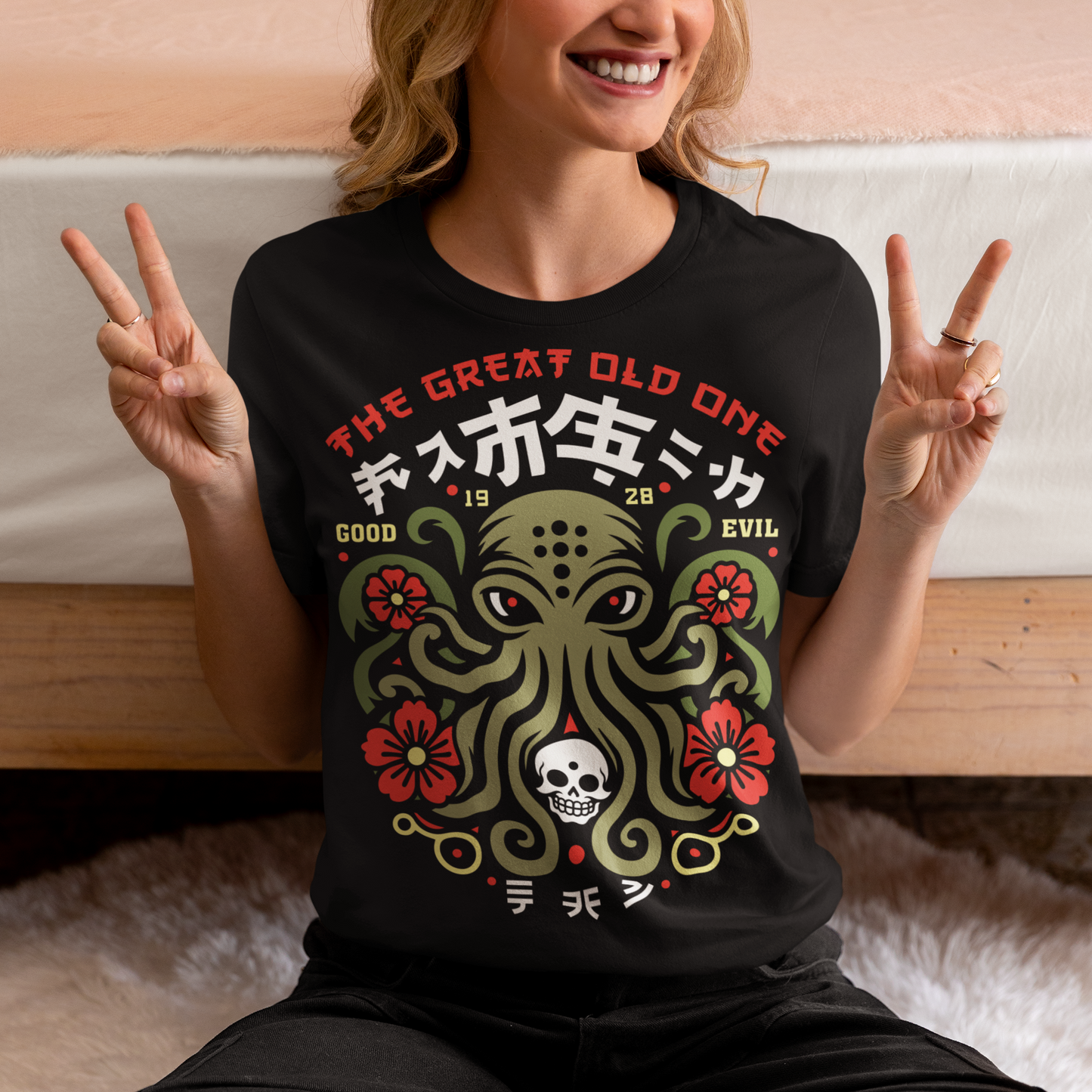 Summon the style of the deep with this striking Japanese Cthulhu tee. The design fuses H.P. Lovecraft’s legendary cosmic horror with bold Japanese ukiyo-e influences. This shirt is perfect for fans of Japanese art, Lovecraftian lore, and anyone who likes their fashion a little… unspeakable.