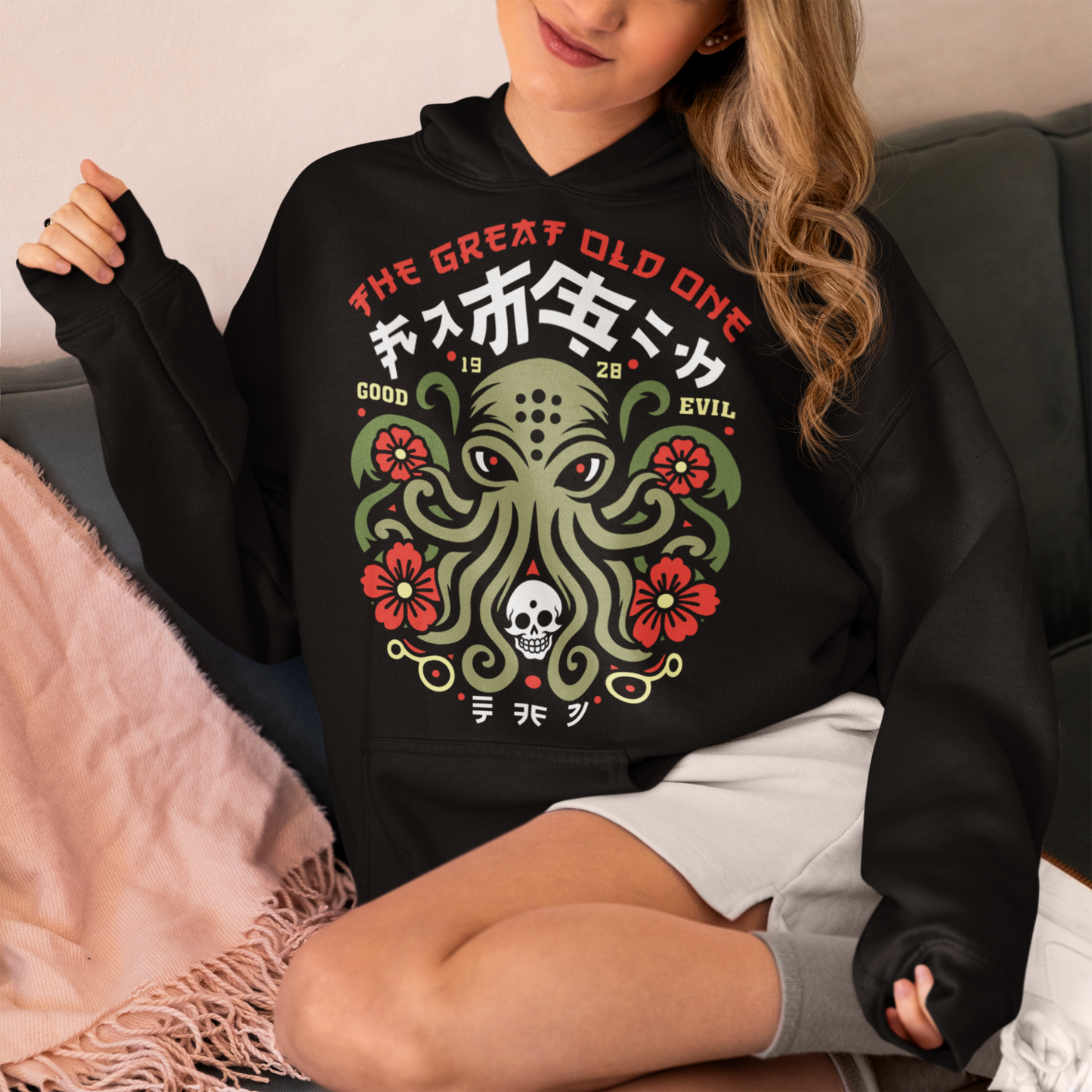 Summon the style of the deep with this striking Japanese Cthulhu hoodie. The design fuses H.P. Lovecraft’s legendary cosmic horror with bold Japanese ukiyo-e influences. This shirt is perfect for fans of Japanese art, Lovecraftian lore, and anyone who likes their fashion a little… unspeakable.