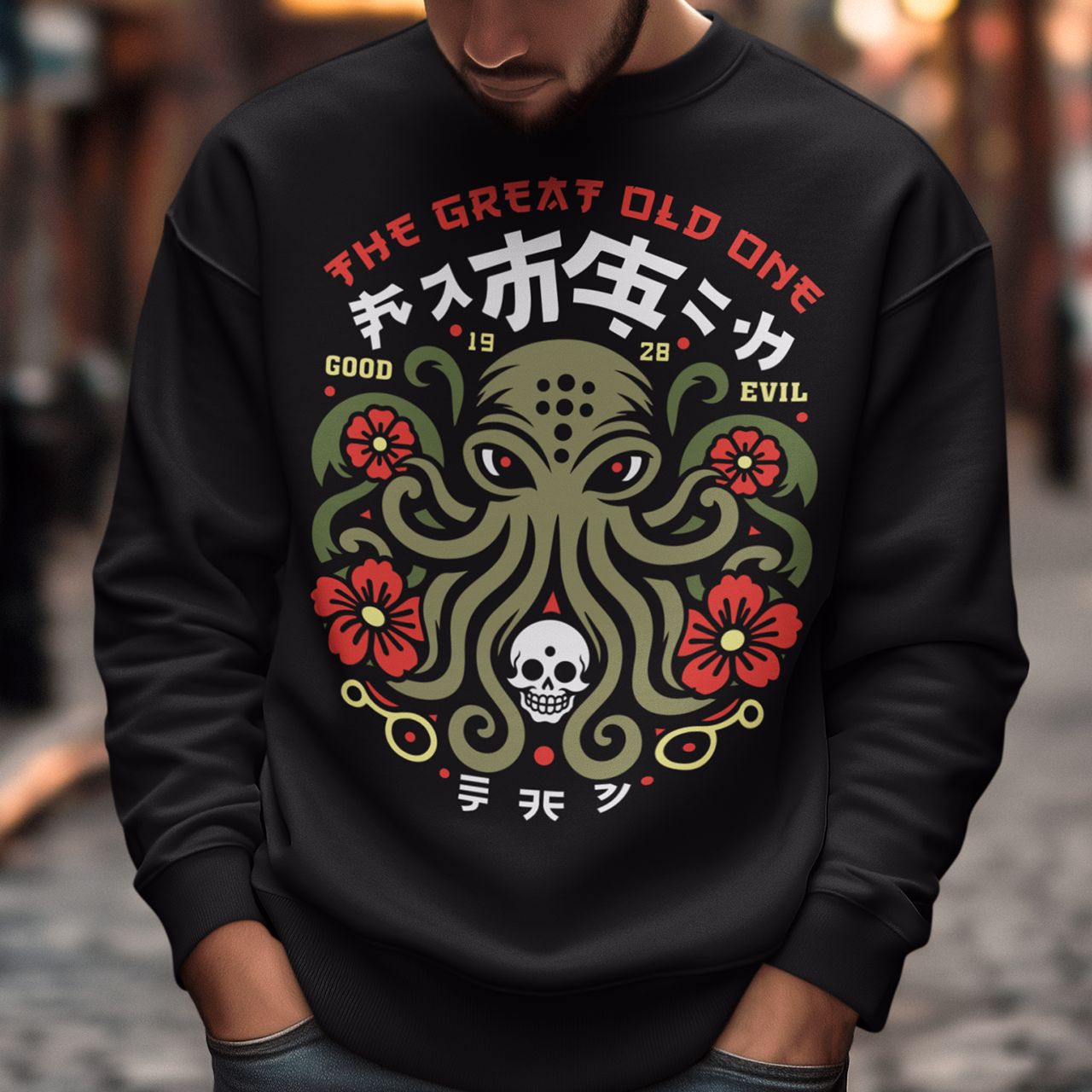 Summon the style of the deep with this striking Japanese Cthulhu sweatshirt. The design fuses H.P. Lovecraft’s legendary cosmic horror with bold Japanese ukiyo-e influences. This shirt is perfect for fans of Japanese art, Lovecraftian lore, and anyone who likes their fashion a little… unspeakable.