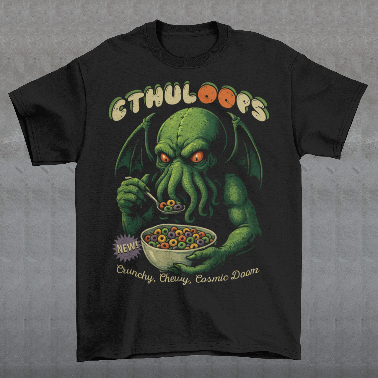Start your mornings with a cosmic crunch! This t-shirt features a playful yet menacing design of Cthulhu casually enjoying a bowl of cereal, with the bold text “CTHULOOPS” splashed across the front. Equal parts creepy and hilarious, it’s a mashup of Lovecraftian horror and Saturday morning cartoons. This shirt is perfect for fans of cosmic horror, quirky humor, and breakfast that drives you mad.