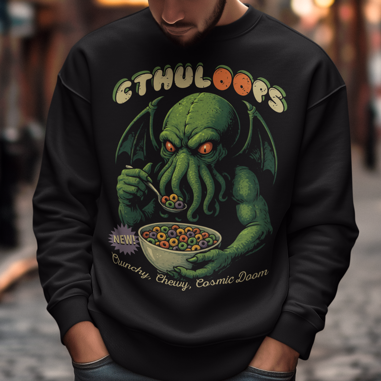 Start your mornings with a cosmic crunch! This sweatshirt features a playful yet menacing design of Cthulhu casually enjoying a bowl of cereal, with the bold text “CTHULOOPS” splashed across the front. Equal parts creepy and hilarious, it’s a mashup of Lovecraftian horror and Saturday morning cartoons. This shirt is perfect for fans of cosmic horror, quirky humor, and breakfast that drives you mad.