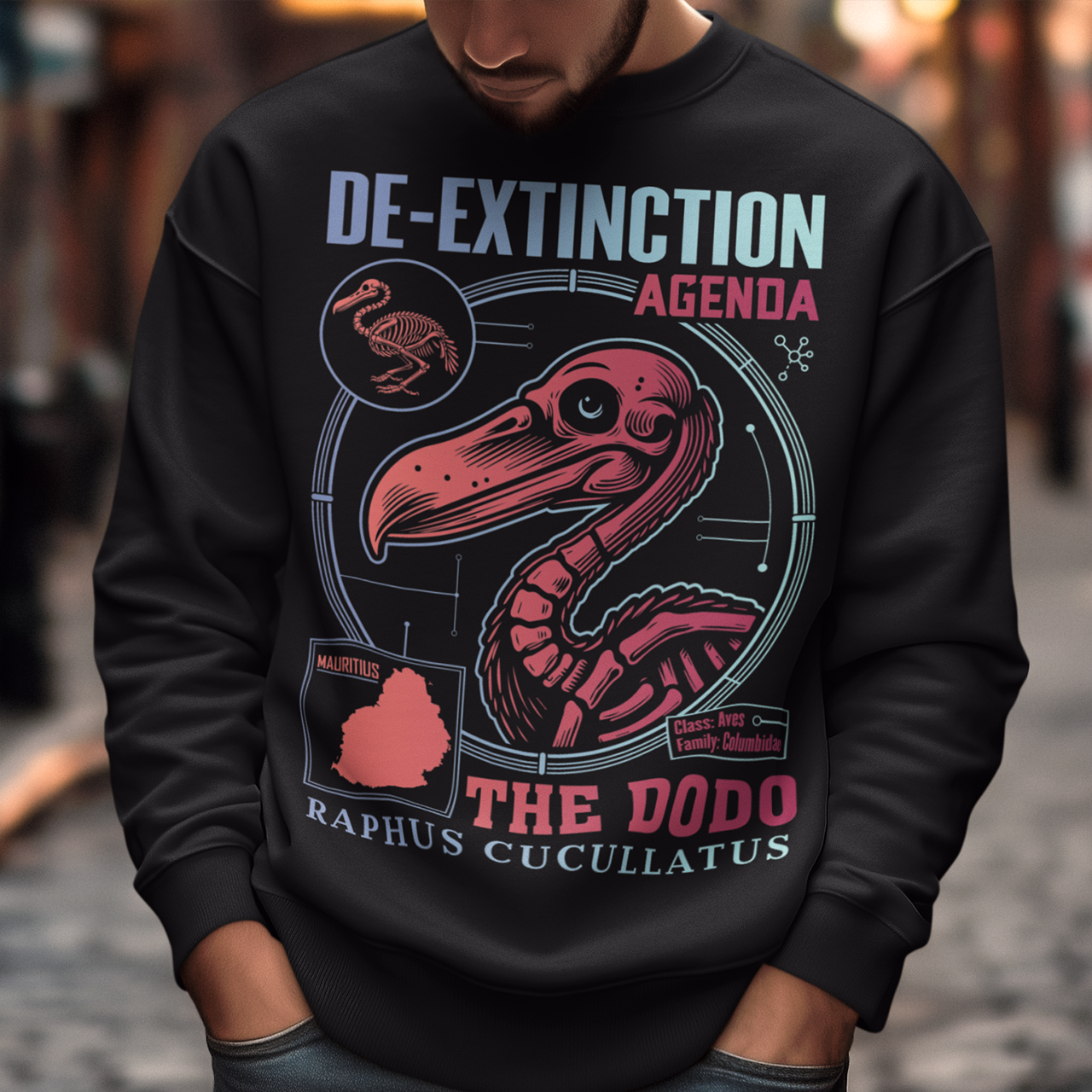 A graphic sweatshirt featuring a stylized illustration of a dodo bird, standing upright with a proud, almost defiant expression. The dodo is depicted in vibrant colors, blending realism with a slightly cartoonish flair. Above the bird, bold, capitalized text reads "DE-EXTINCTION AGENDA" in a futuristic font, suggesting a science fiction or activist tone. The design evokes themes of genetic engineering, conservation, and the revival of extinct species. The shirt is a statement piece with humor.