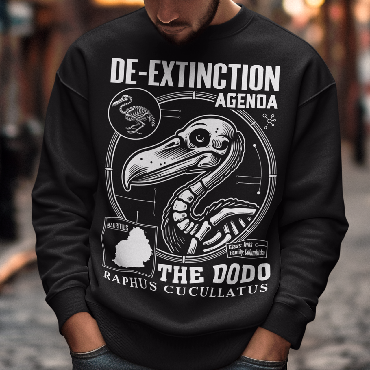 A graphic sweatshirt featuring a stylized illustration of a dodo bird, standing upright with a proud, almost defiant expression. The dodo is depicted in vibrant colors, blending realism with a slightly cartoonish flair. Above the bird, bold, capitalized text reads "DE-EXTINCTION AGENDA" in a futuristic font, suggesting a science fiction or activist tone. The design evokes themes of genetic engineering, conservation, and the revival of extinct species. The shirt is a statement piece with humor.