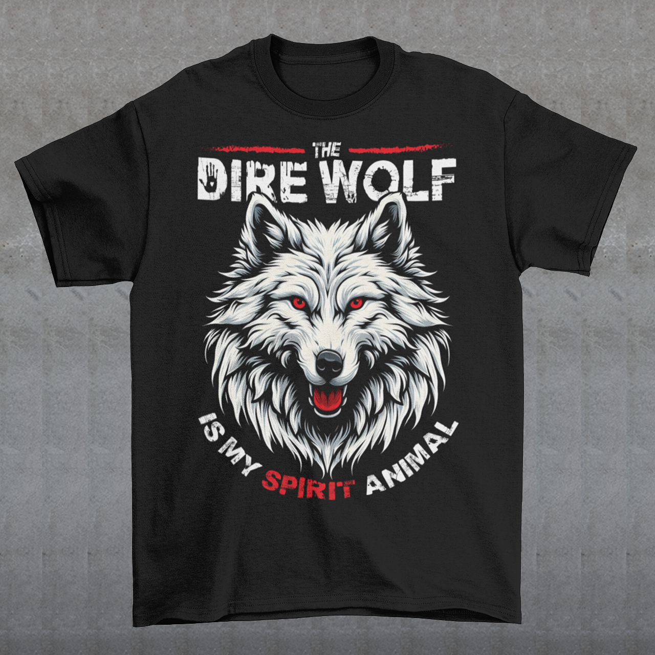 This t-shirt features a striking design of a Dire Wolf head, capturing the fierce and majestic essence of this legendary creature. The detailed illustration showcases the wolf's piercing eyes and powerful jaws, evoking a sense of strength and wild intensity.