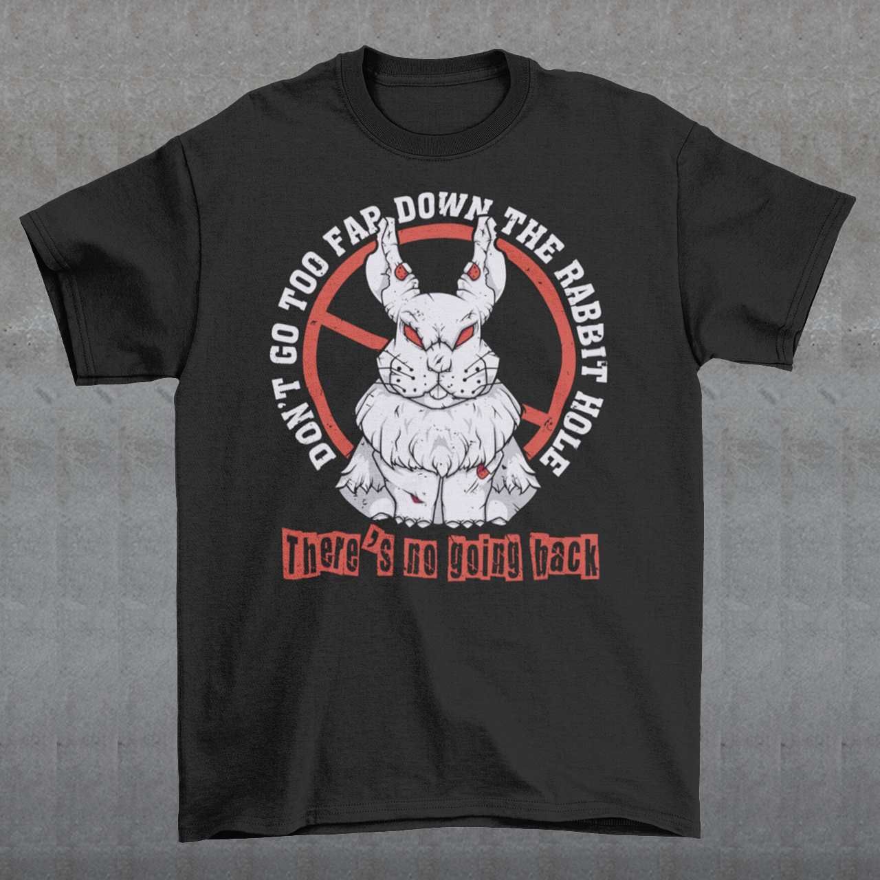 Introducing our captivating t-shirt design that captures the essence of curiosity and caution: the "Don't Go Too Far Down the Rabbit Hole" design. This captivating artwork portrays a charming rabbit standing confidently in front of a bold censor sign, creating a visually striking and thought-provoking composition. At the forefront of the design, a lively and endearing rabbit stands with an air of curiosity.