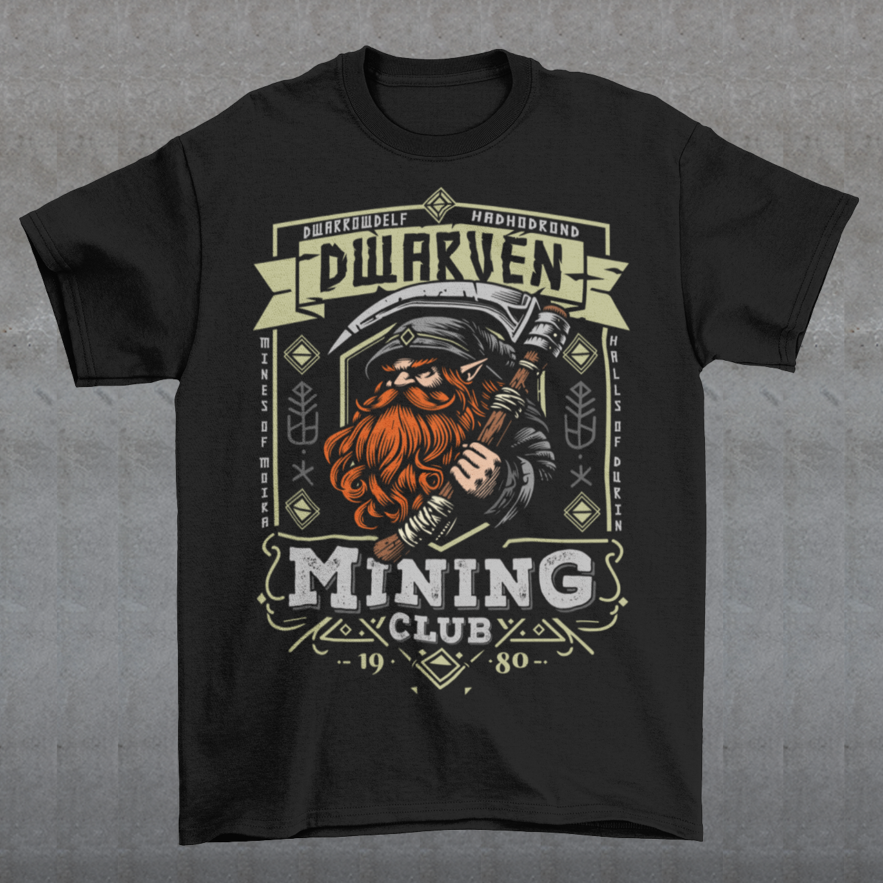 Join the ranks of the underground elite with our Dwarven Mining Club t-shirt! Featuring a bold illustration of a rugged dwarf — pickaxe in hand, beard thick with grit, and a steely glint in his eye — this design is perfect for fans of fantasy, adventure, and all things dwarven. The distressed DWARVEN MINING CLUB text gives it a vintage, hard-worn look, like it’s seen years of digging deep into the earth. Whether you're gaming, cosplaying, or just showing off your love for the stoutest race in fantasy lore,