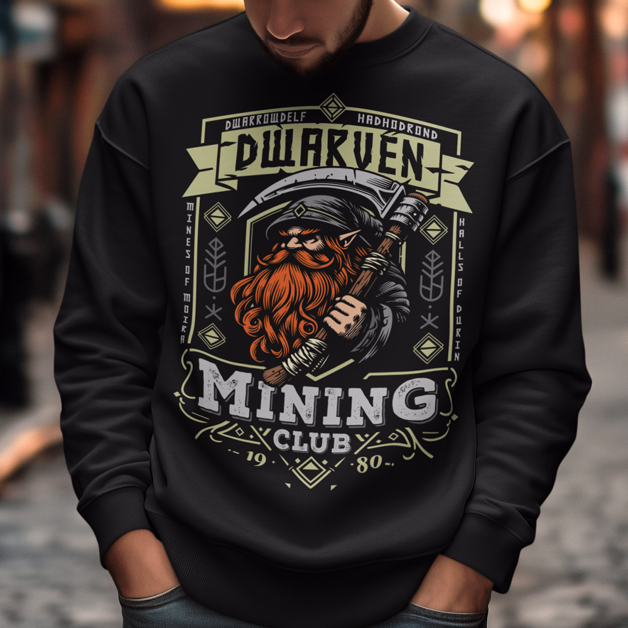 Join the ranks of the underground elite with our Dwarven Mining Club sweatshirt! Featuring a bold illustration of a rugged dwarf — pickaxe in hand, beard thick with grit, and a steely glint in his eye — this design is perfect for fans of fantasy, adventure, and all things dwarven. The distressed DWARVEN MINING CLUB text gives it a vintage, hard-worn look, like it’s seen years of digging deep into the earth. Whether you're gaming, cosplaying, or just showing off your love for the stoutest race in fantasy lor
