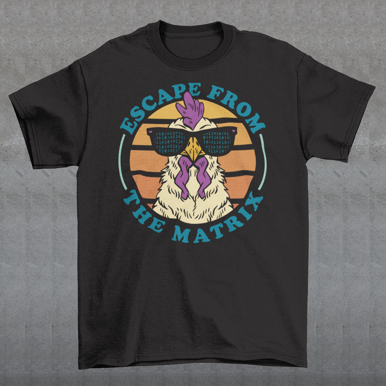 Introducing our vibrant and captivating "Escape from the Matrix" t-shirt, a perfect blend of retro aesthetics and contemporary style. This unique design features a confident rooster sporting stylish sunglasses, set against a backdrop of a mesmerizing retro sunset. The rooster, with its proud stance and suave demeanor, symbolizes breaking free from conformity and embracing individuality. Its sunglasses exude an air of mystery and rebelliousness.