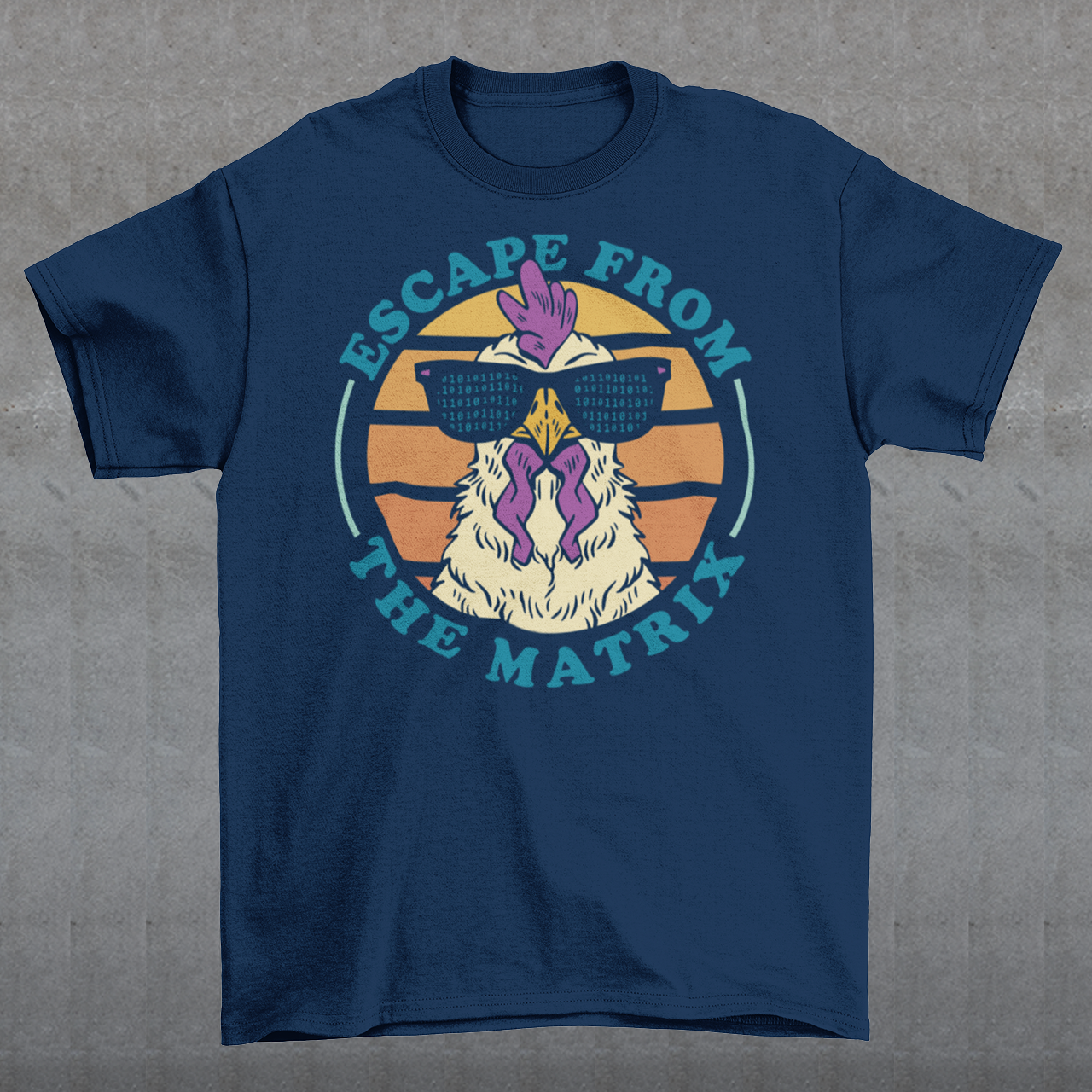 Introducing our vibrant and captivating "Escape from the Matrix" t-shirt, a perfect blend of retro aesthetics and contemporary style. This unique design features a confident rooster sporting stylish sunglasses, set against a backdrop of a mesmerizing retro sunset. The rooster, with its proud stance and suave demeanor, symbolizes breaking free from conformity and embracing individuality. Its sunglasses exude an air of mystery and rebelliousness.