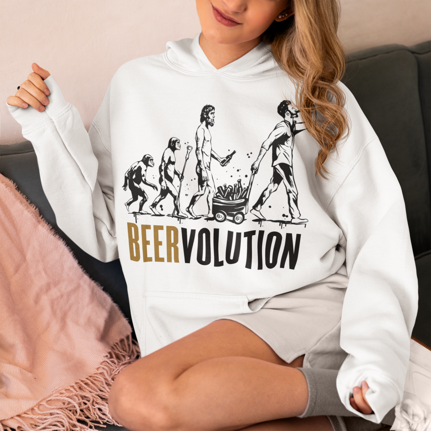 Introducing the ultimate tribute to the centuries-old journey of brewing excellence, the "BEERVOLUTION" Hoodie This iconic piece showcases the rich heritage and the dynamic evolution of beer, celebrating its global significance and everlasting appeal. Across the chest, the bold text "BEERVOLUTION" commands attention, serving as a rallying cry for beer enthusiasts and connoisseurs alike.