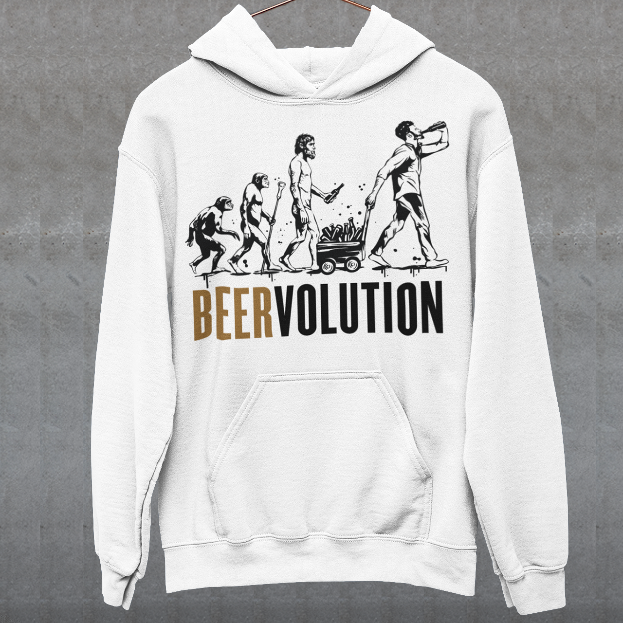 Introducing the ultimate tribute to the centuries-old journey of brewing excellence, the "BEERVOLUTION" Hoodie This iconic piece showcases the rich heritage and the dynamic evolution of beer, celebrating its global significance and everlasting appeal. Across the chest, the bold text "BEERVOLUTION" commands attention, serving as a rallying cry for beer enthusiasts and connoisseurs alike.
