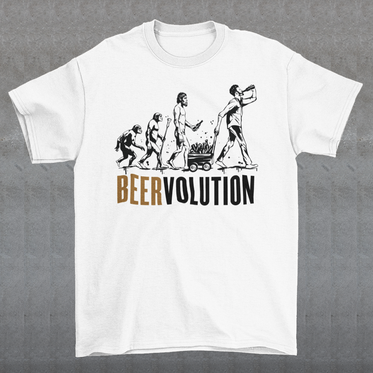 Introducing the ultimate tribute to the centuries-old journey of brewing excellence, the "BEERVOLUTION" t-shirt! This iconic piece showcases the rich heritage and the dynamic evolution of beer, celebrating its global significance and everlasting appeal. Across the chest, the bold text "BEERVOLUTION" commands attention, serving as a rallying cry for beer enthusiasts and connoisseurs alike.