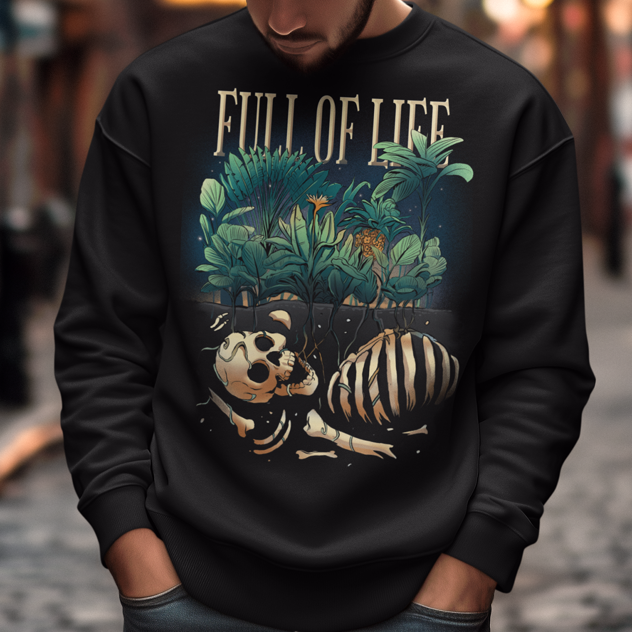 Introducing our captivating "Full of Life" Sweatshirt, where the beauty of nature intertwines with a touch of mystery. This unique design features a stunning depiction of lush plants flourishing over a buried skeleton, creating a striking visual contrast. The intricate artwork showcases the circle of life and the resilience of nature as it reclaims what was once lost. The vibrant green foliage and delicate flowers symbolize growth, renewal, and the everlasting cycle of existence.