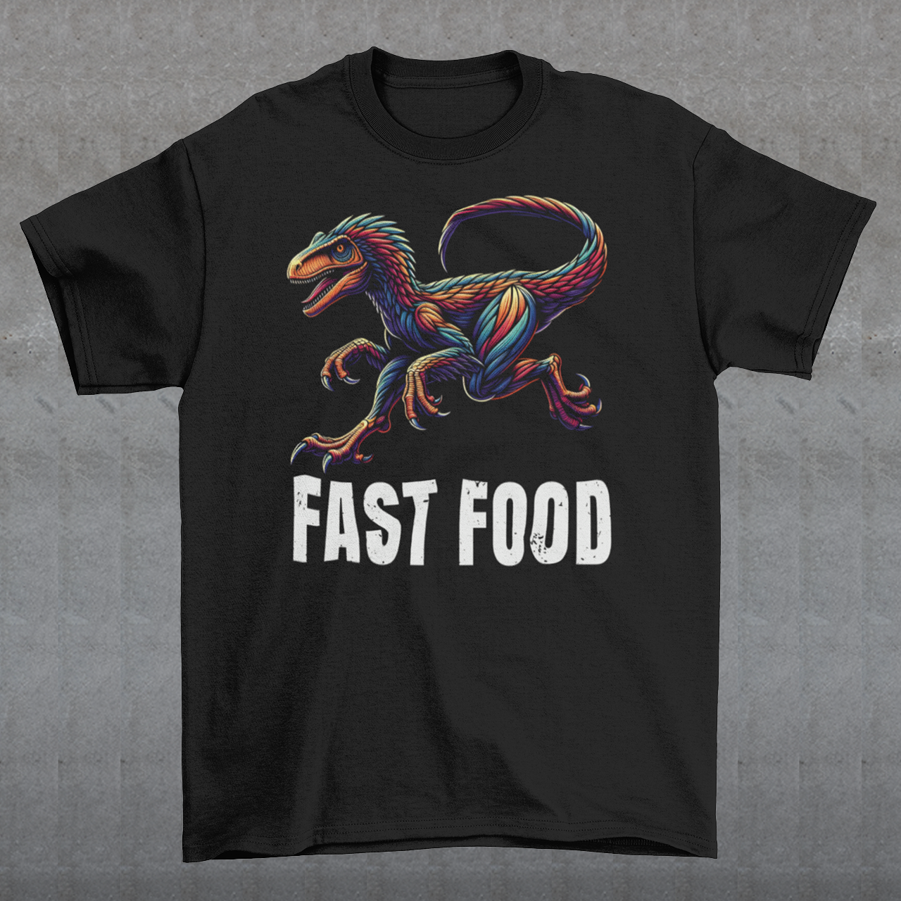 Introducing our "Fast Food Raptor" T-shirt, where prehistoric power meets modern humor! This unique design features a dynamically illustrated raptor in mid-chase, showcasing its legendary speed and agility. Beneath the fierce yet playful raptor, bold text reads "FAST FOOD," delivering a clever twist on the concept of quick bites. Perfect for dinosaur enthusiasts, humor lovers, and anyone who enjoys a good pun, this T-shirt combines vibrant artistry with a touch of wit.