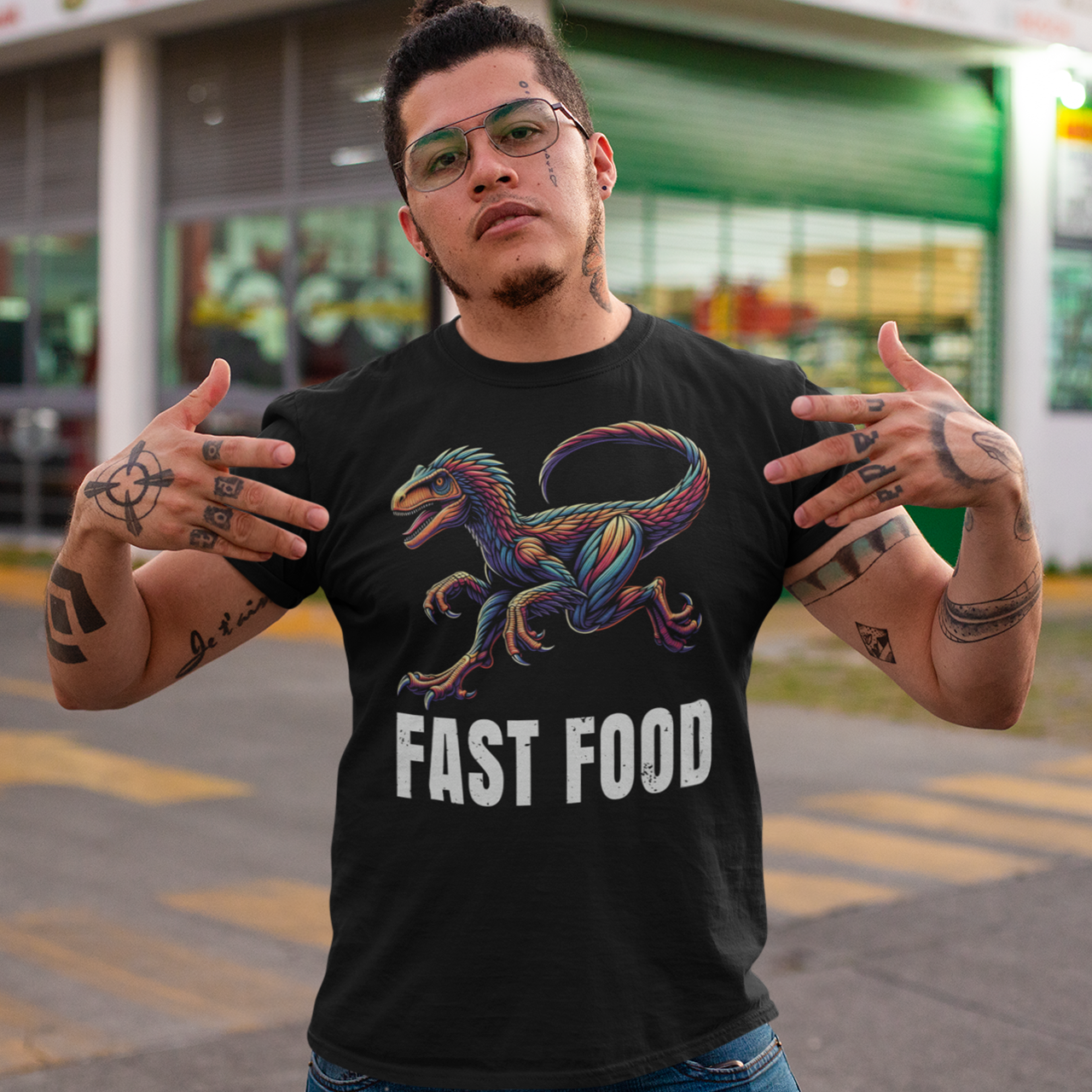 Introducing our "Fast Food Raptor" T-shirt, where prehistoric power meets modern humor! This unique design features a dynamically illustrated raptor in mid-chase, showcasing its legendary speed and agility. Beneath the fierce yet playful raptor, bold text reads "FAST FOOD," delivering a clever twist on the concept of quick bites. Perfect for dinosaur enthusiasts, humor lovers, and anyone who enjoys a good pun, this T-shirt combines vibrant artistry with a touch of wit.