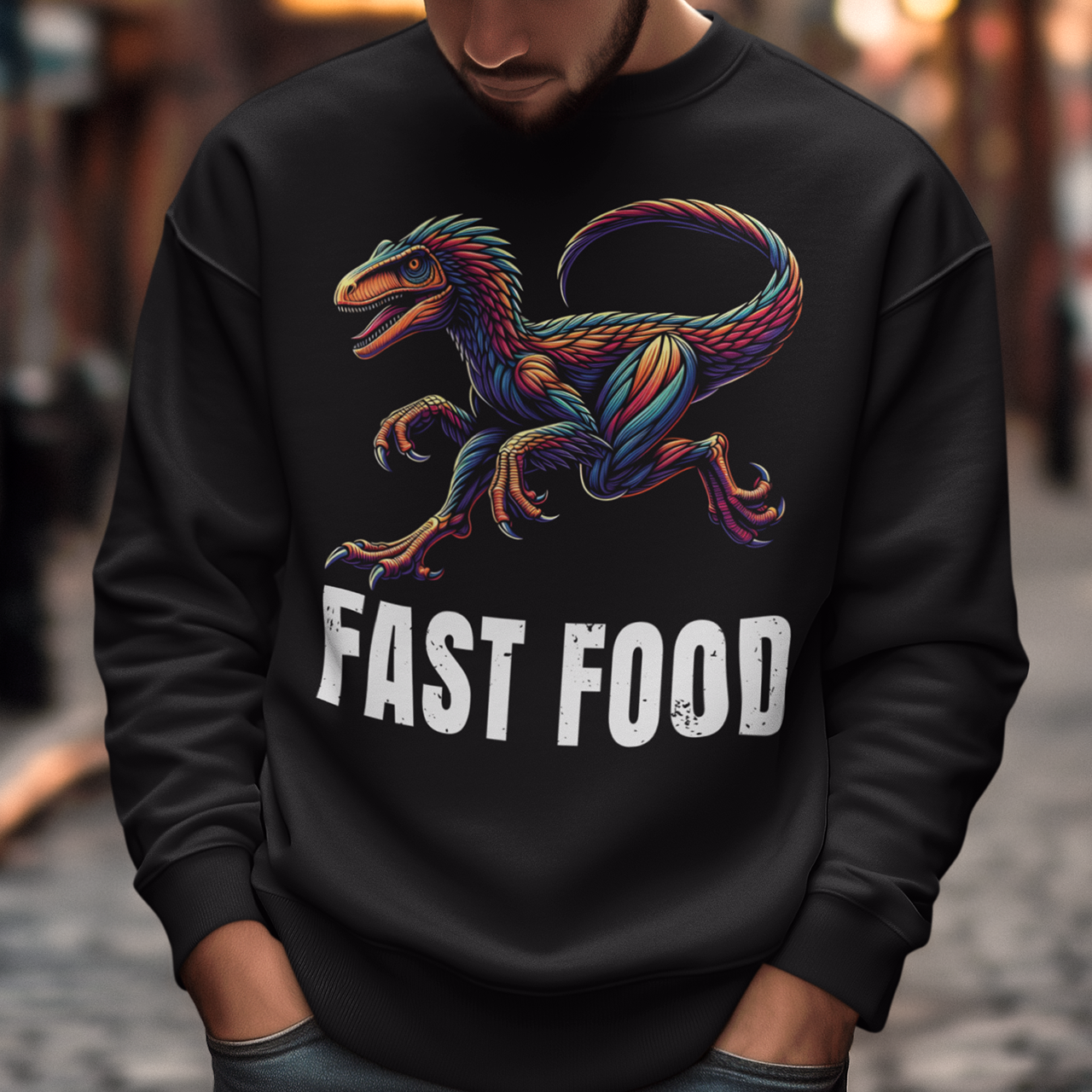 Introducing our "Fast Food Raptor" Sweatshirt, where prehistoric power meets modern humor! This unique design features a dynamically illustrated raptor in mid-chase, showcasing its legendary speed and agility. Beneath the fierce yet playful raptor, bold text reads "FAST FOOD," delivering a clever twist on the concept of quick bites. Perfect for dinosaur enthusiasts, humor lovers, and anyone who enjoys a good pun, this Sweatshirt combines vibrant artistry with a touch of wit.