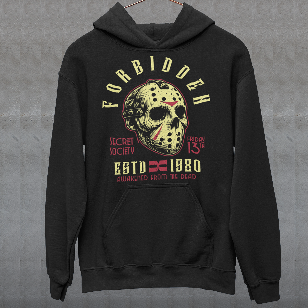 Black hoodie of a horror hockey mask and text "FORBIDDEN SECRET SOCIETY AWAKENED FROM THE DEAD."