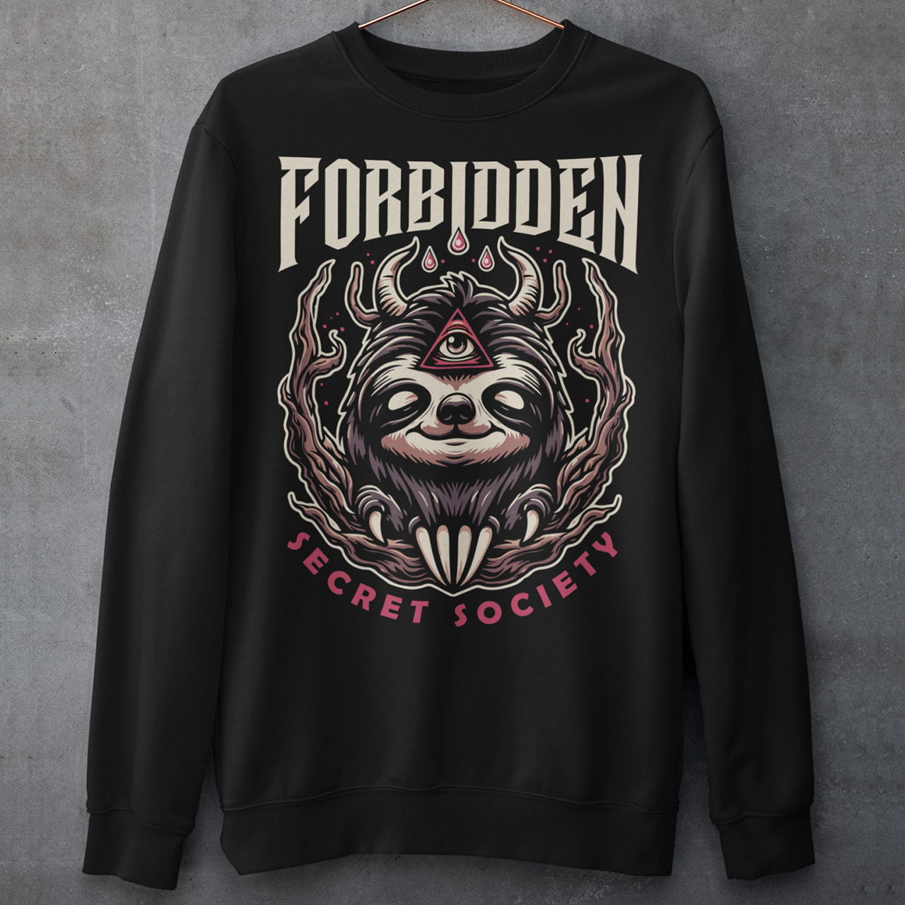 "Step into the enigmatic world of clandestine societies with our Forbidden Secret Society sweatshirt featuring the elusive Illuminati sloth. This captivating design showcases a sloth adorned with symbolic imagery, including the all-seeing third eye, hinting at hidden knowledge and mystic insight. Embrace the intrigue and mystery as you don this unique sweatshirt, inviting curiosity and speculation wherever you go.