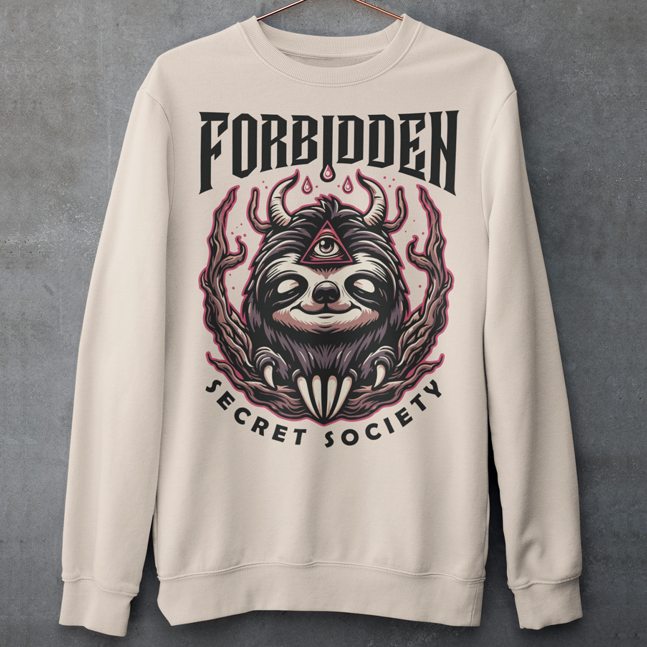 "Step into the enigmatic world of clandestine societies with our Forbidden Secret Society sweatshirt featuring the elusive Illuminati sloth. This captivating design showcases a sloth adorned with symbolic imagery, including the all-seeing third eye, hinting at hidden knowledge and mystic insight. Embrace the intrigue and mystery as you don this unique sweatshirt, inviting curiosity and speculation wherever you go.