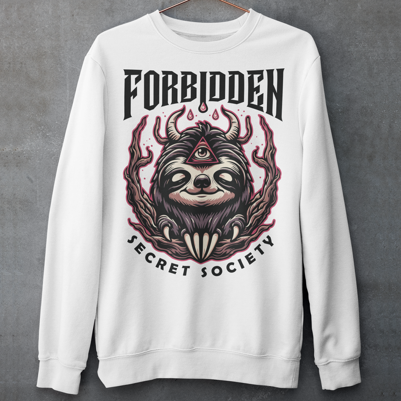 "Step into the enigmatic world of clandestine societies with our Forbidden Secret Society sweatshirt featuring the elusive Illuminati sloth. This captivating design showcases a sloth adorned with symbolic imagery, including the all-seeing third eye, hinting at hidden knowledge and mystic insight. Embrace the intrigue and mystery as you don this unique sweatshirt, inviting curiosity and speculation wherever you go.