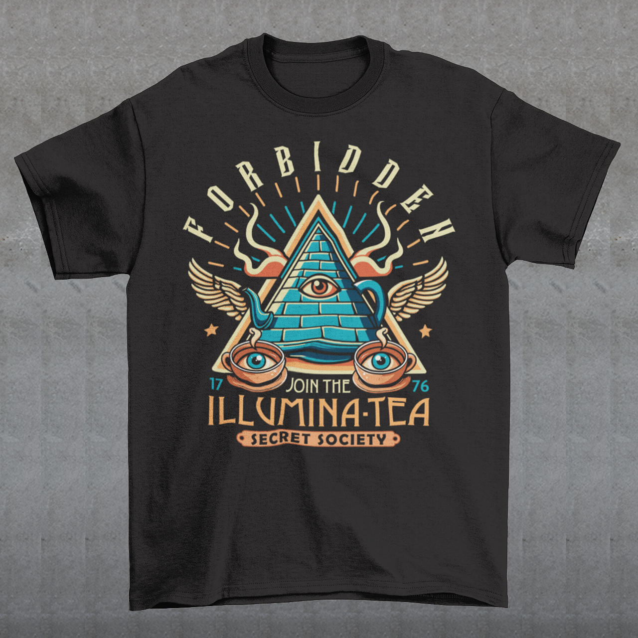 Step into the mysterious world of the Illuminati with this enigmatic t-shirt featuring a captivating design of a tea pot and cups, each adorned with iconic Illuminati symbols. Delve into the depths of secrecy as you sip your tea, knowing that you possess the knowledge of the ages. With its clever wordplay, the text "ILLUMINA-TEA" adds a playful twist, inviting intrigue and curiosity from those around you.
