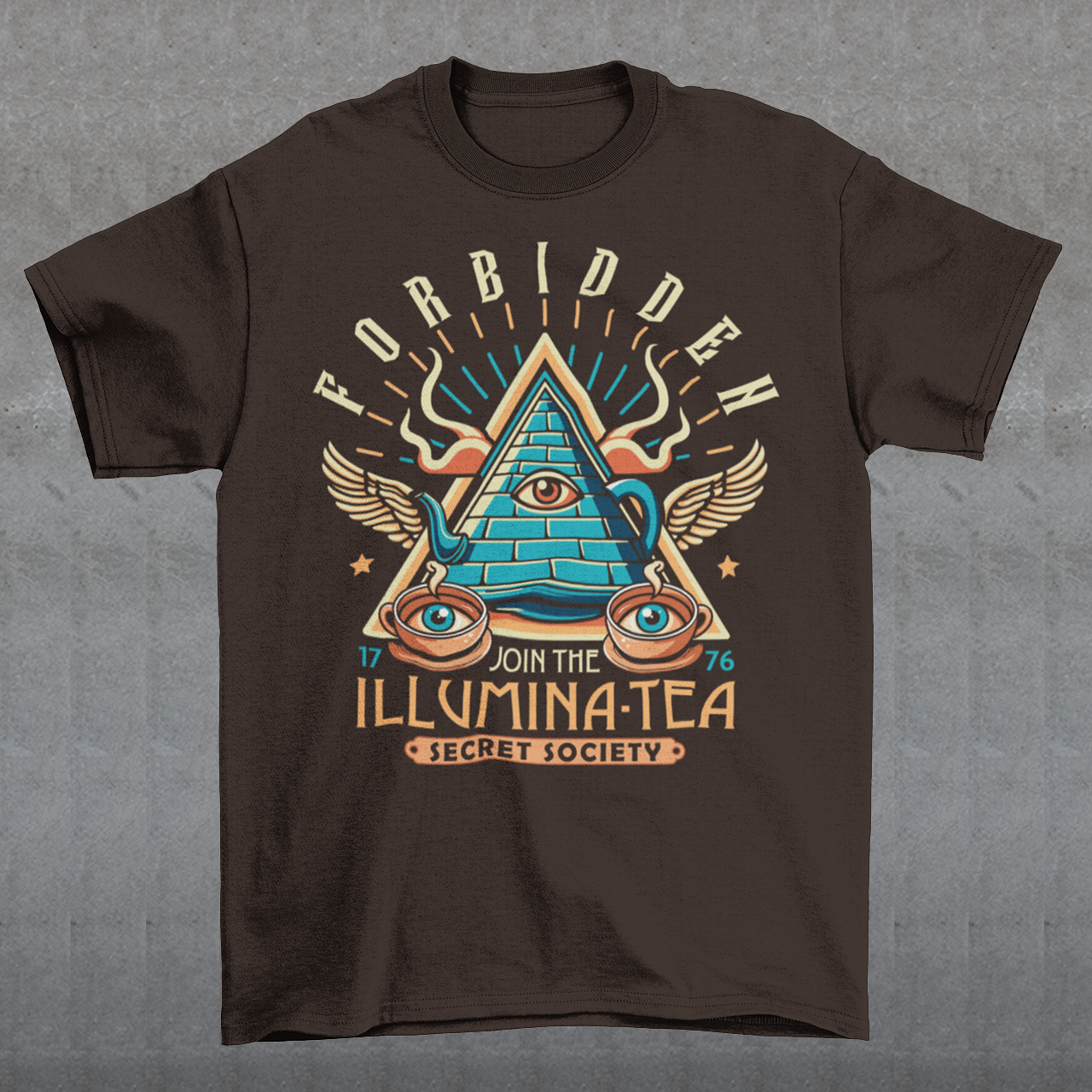 Step into the mysterious world of the Illuminati with this enigmatic t-shirt featuring a captivating design of a tea pot and cups, each adorned with iconic Illuminati symbols. Delve into the depths of secrecy as you sip your tea, knowing that you possess the knowledge of the ages. With its clever wordplay, the text "ILLUMINA-TEA" adds a playful twist, inviting intrigue and curiosity from those around you.
