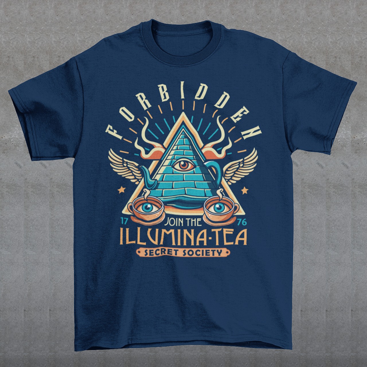 Step into the mysterious world of the Illuminati with this enigmatic t-shirt featuring a captivating design of a tea pot and cups, each adorned with iconic Illuminati symbols. Delve into the depths of secrecy as you sip your tea, knowing that you possess the knowledge of the ages. With its clever wordplay, the text "ILLUMINA-TEA" adds a playful twist, inviting intrigue and curiosity from those around you.
