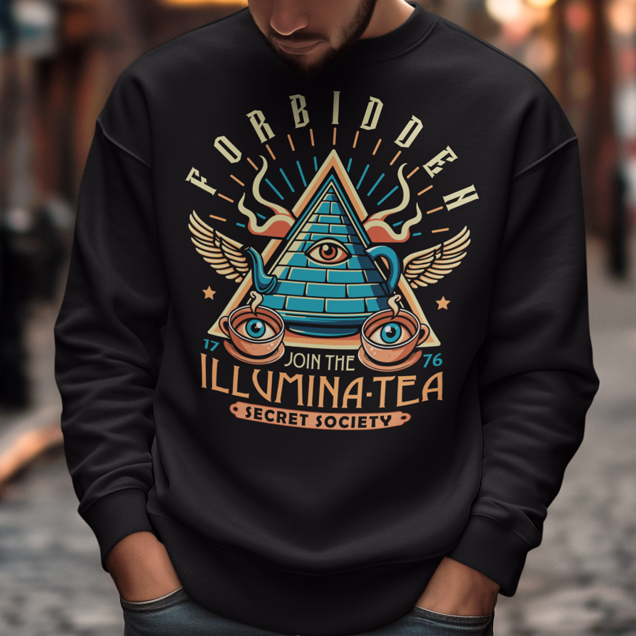 Step into the mysterious world of the Illuminati with this enigmatic sweatshirt featuring a captivating design of a tea pot and cups, each adorned with iconic Illuminati symbols. Delve into the depths of secrecy as you sip your tea, knowing that you possess the knowledge of the ages. With its clever wordplay, the text "ILLUMINA-TEA" adds a playful twist, inviting intrigue and curiosity from those around you.