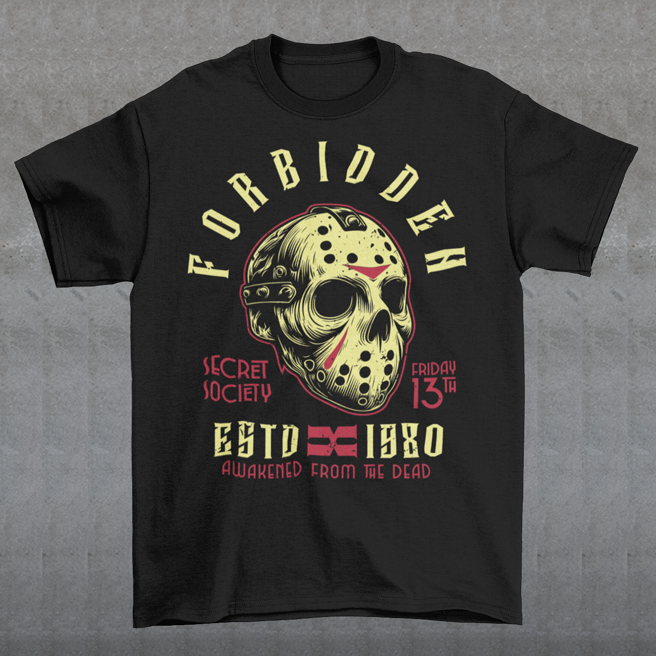 Get ready to turn heads with this spine-chilling t-shirt featuring a graphic of a sinister, battle-worn hockey mask. Around the mask, the text "FORBIDDEN SECRET SOCIETY AWAKENED FROM THE DEAD" looms in jagged, eerie lettering. The design has a gritty, distressed style, evoking an unsettling sense of mystery and menace. Perfect for horror enthusiasts, this shirt brings a dark aesthetic and an air of the supernatural, making it a must-have for those who like their fashion on the dark side.