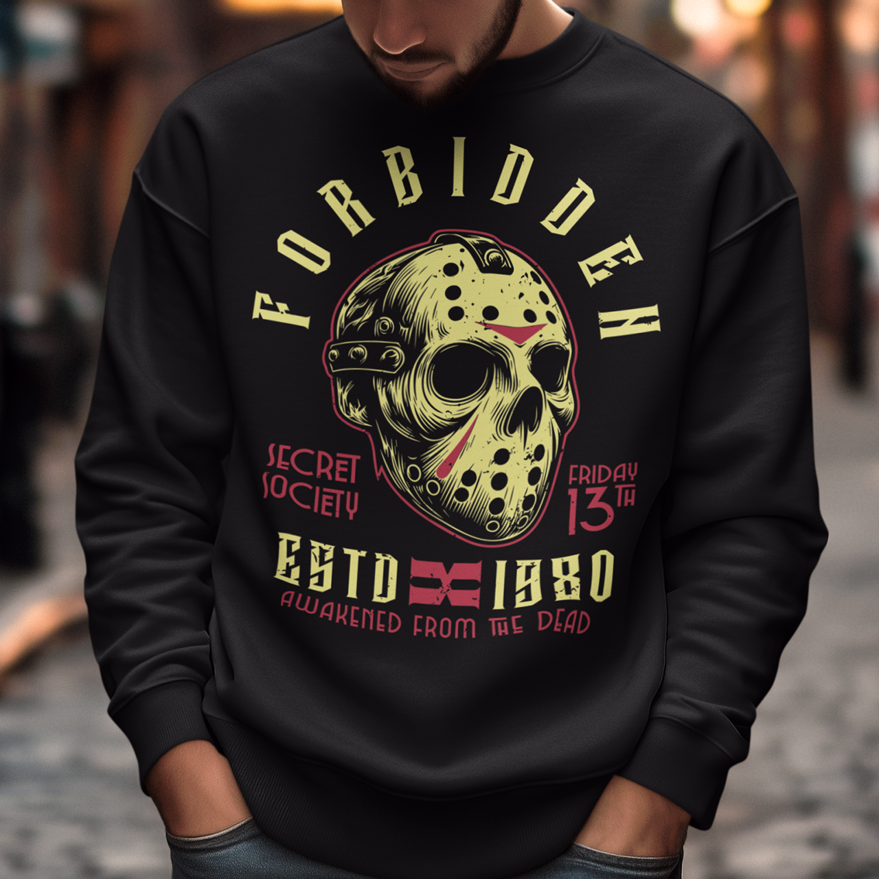 Black sweatshirt of a horror hockey mask and text "FORBIDDEN SECRET SOCIETY AWAKENED FROM THE DEAD."