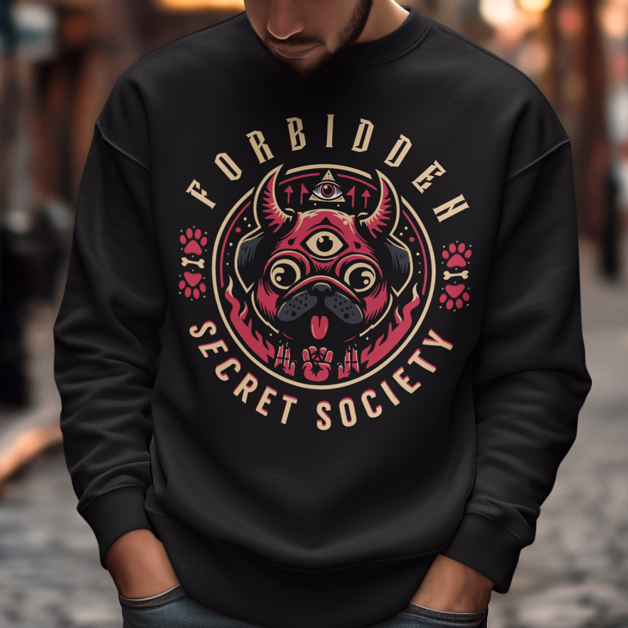 "Step into the enigmatic world of clandestine societies with our Forbidden Secret Society sweatshirt featuring the elusive Illuminati pug. This captivating design showcases a sloth adorned with symbolic imagery, including the all-seeing third eye, hinting at hidden knowledge and mystic insight. Embrace the intrigue and mystery as you don this unique sweatshirt, inviting curiosity and speculation wherever you go.