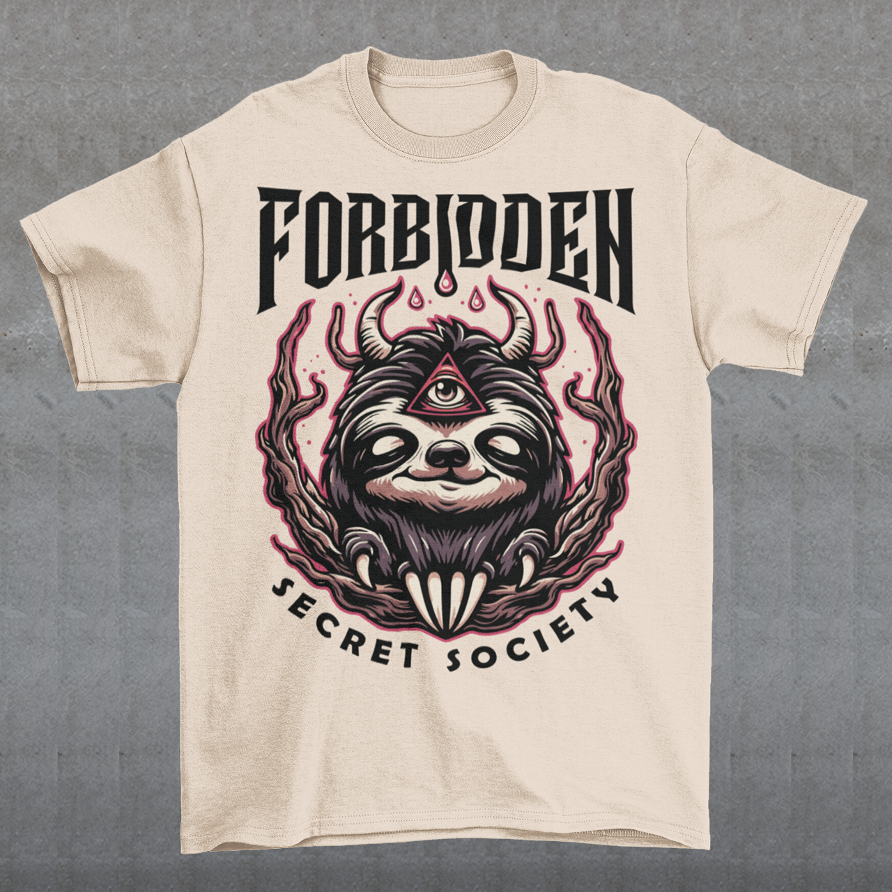 "Step into the enigmatic world of clandestine societies with our Forbidden Secret Society t-shirt featuring the elusive Illuminati sloth. This captivating design showcases a sloth adorned with symbolic imagery, including the all-seeing third eye, hinting at hidden knowledge and mystic insight. Embrace the intrigue and mystery as you don this unique tee, inviting curiosity and speculation wherever you go.
