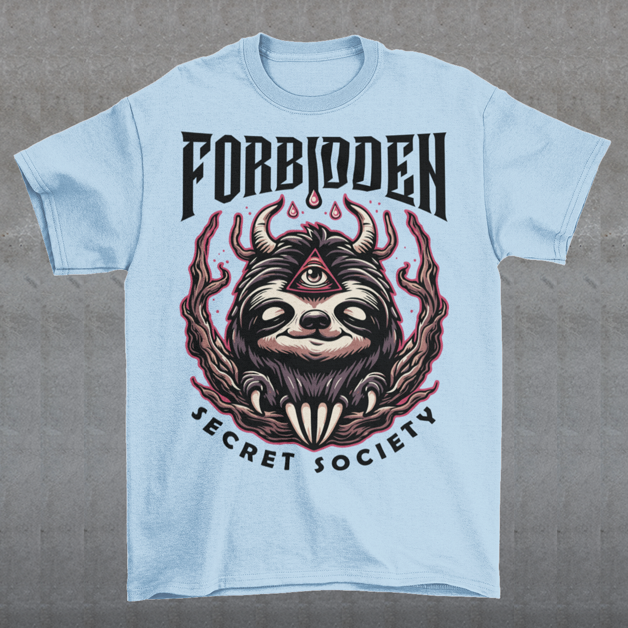 "Step into the enigmatic world of clandestine societies with our Forbidden Secret Society t-shirt featuring the elusive Illuminati sloth. This captivating design showcases a sloth adorned with symbolic imagery, including the all-seeing third eye, hinting at hidden knowledge and mystic insight. Embrace the intrigue and mystery as you don this unique tee, inviting curiosity and speculation wherever you go.